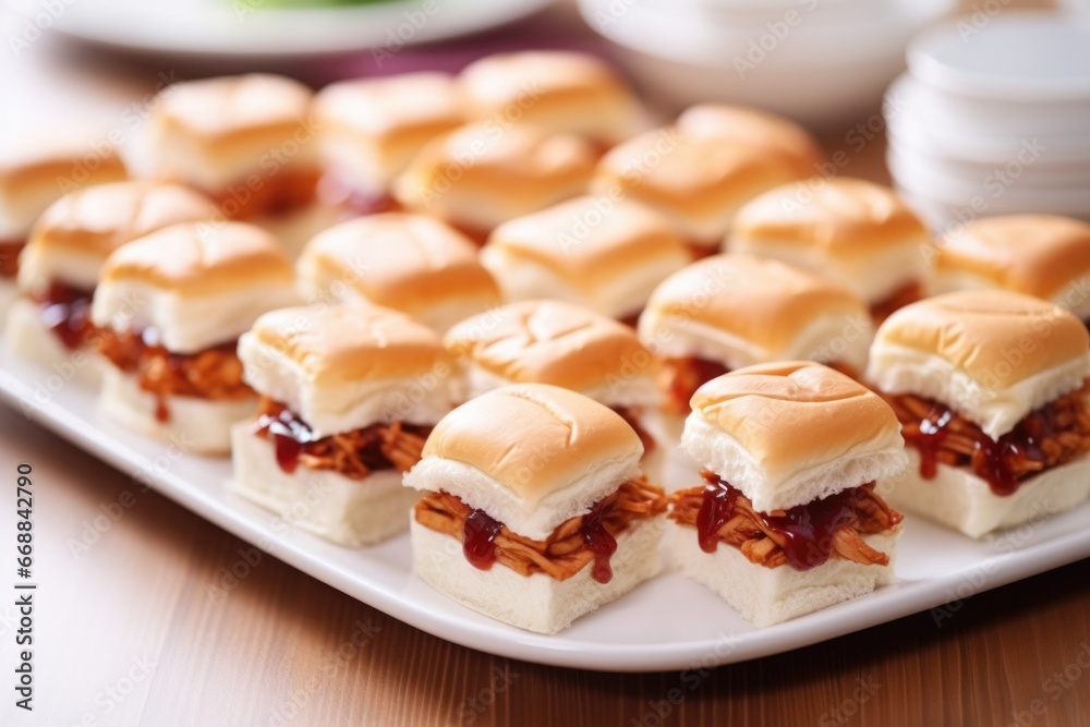 teeny bbq sandwiches for a party, white plates teeny bbq sandwiches for a party, white plates