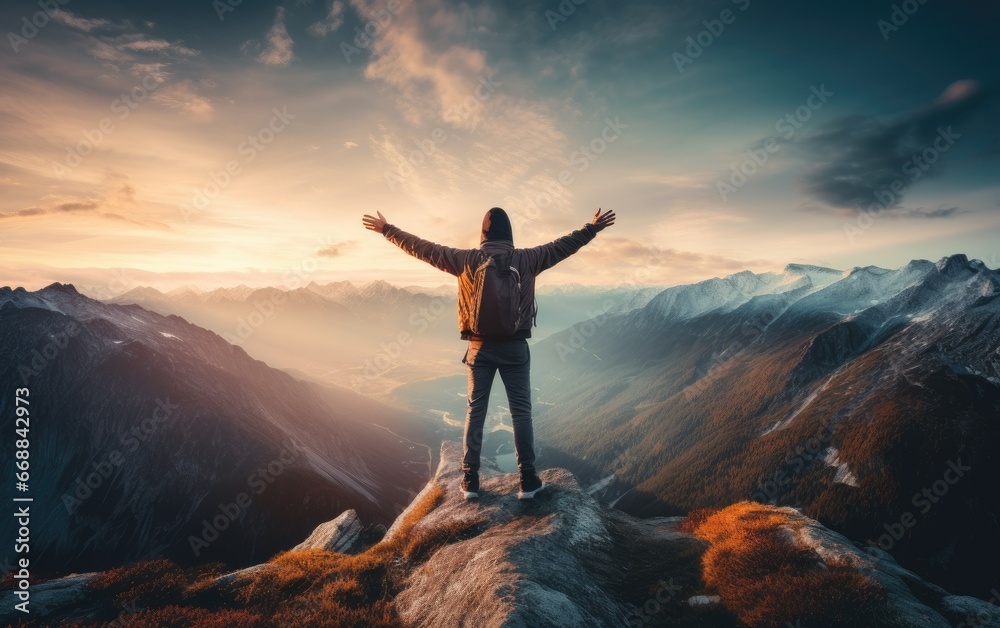 A person standing on the mountaintop overlooking the distance, with hands open A person standing on the mountaintop overlooking the distance, with hands open