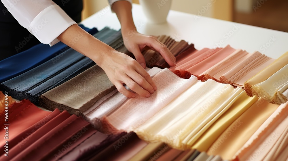 Close-up of fashion designer choosing fabric in studio, low angle view