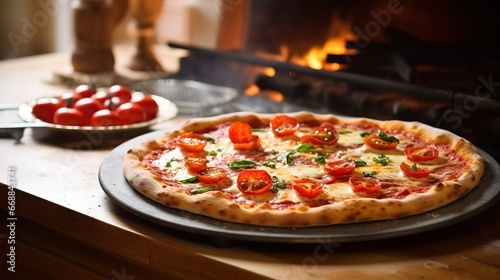 Pizza with tomatoes and mozzarella in a rustic oven
