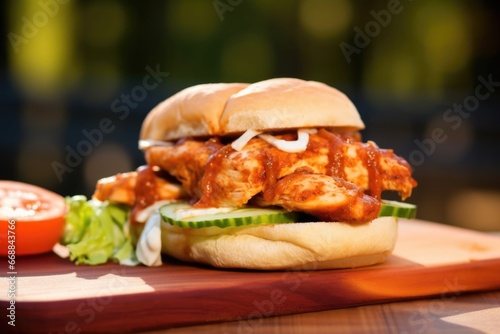 barbecued chicken sandwich on a wooden plank © Alfazet Chronicles