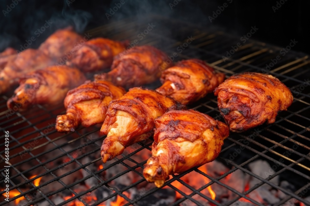 chicken pieces on grill with smoke curling up