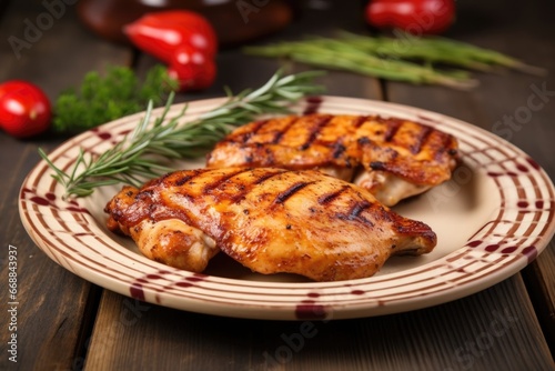 chicken thigh with grill lines on a ceramic plate