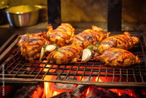 char-grilled chicken in a barbecue pit with embers
