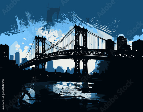 Iconic bridge silhouette against city skyline. Artistic brushstrokes, splatters. Waters reflect structures, sky.