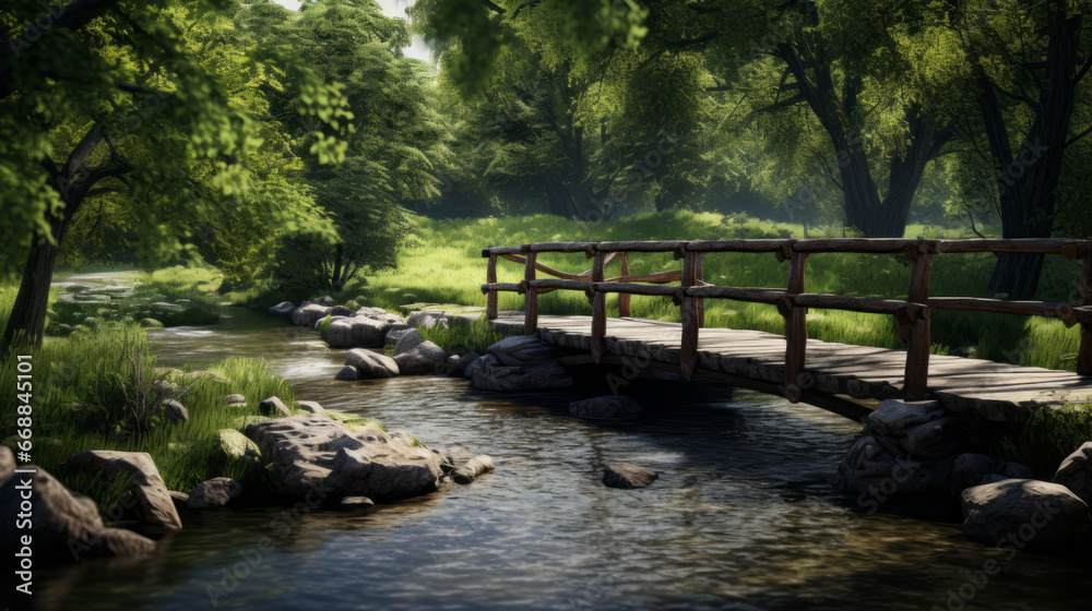 A narrow footbridge connecting two sides of a tranquil river A narrow footbridge connecting two sides of a tranquil river