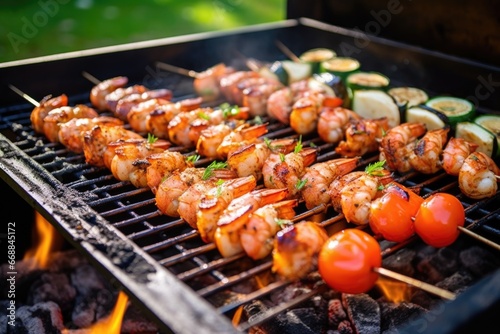 smoky barbecue grill with juicy shrimp on skewers