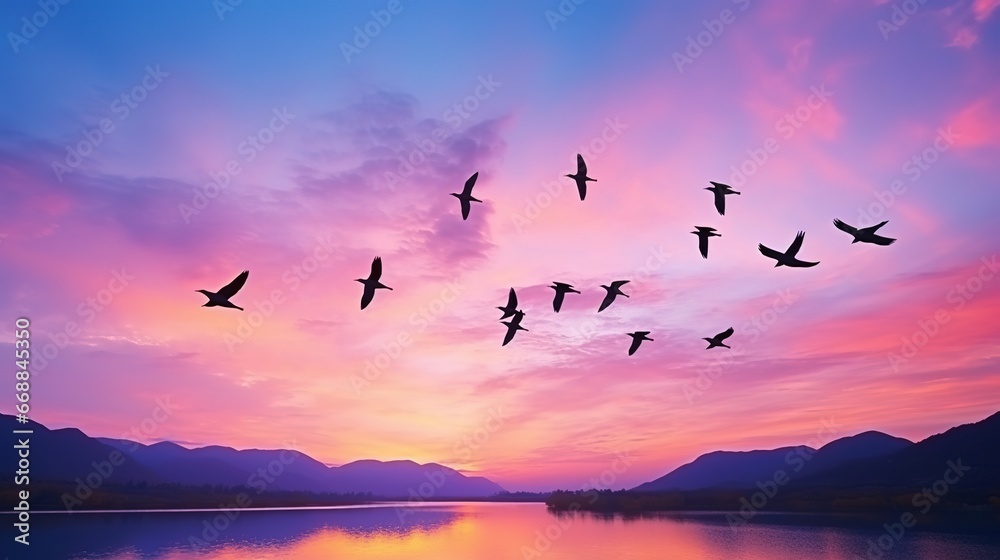Silhouette of flying seagulls at sunset sky background