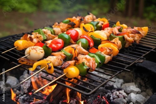 barbecued shrimps on skewers on top of a fiery grill