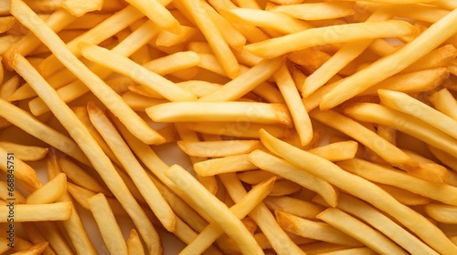 Golden French fries potatoes background. Top view. Copy space for text.
