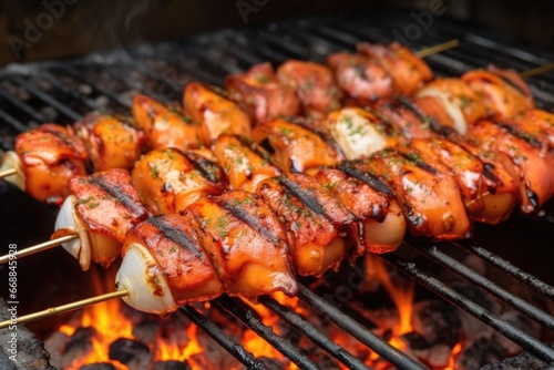 barbecued squid on a wooden skewer on a grill