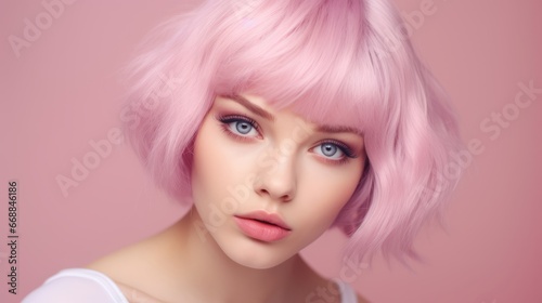 Stunning Young Woman Portrait with Pastel Pink Hair: Perfect Smooth Skin on Matching Pastel Pink Background - Contemporary Beauty in Focus