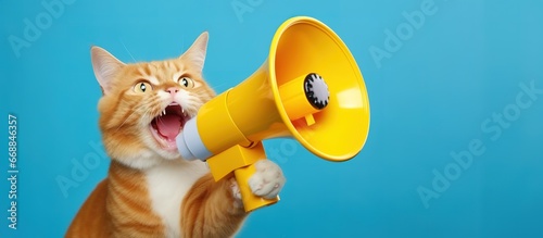 Funny cat holding a megaphone on a blue background.