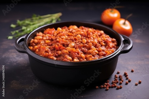 baked beans in black bowl on stone table