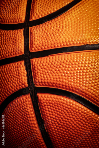 Vertical macro view of leather orange basketball with highlights and shadows. Streetball and hoops theme backgrounds © serebryannikov