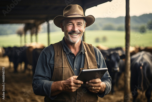 Mature farmer holding tablet looking at angus cows and smiling at farm