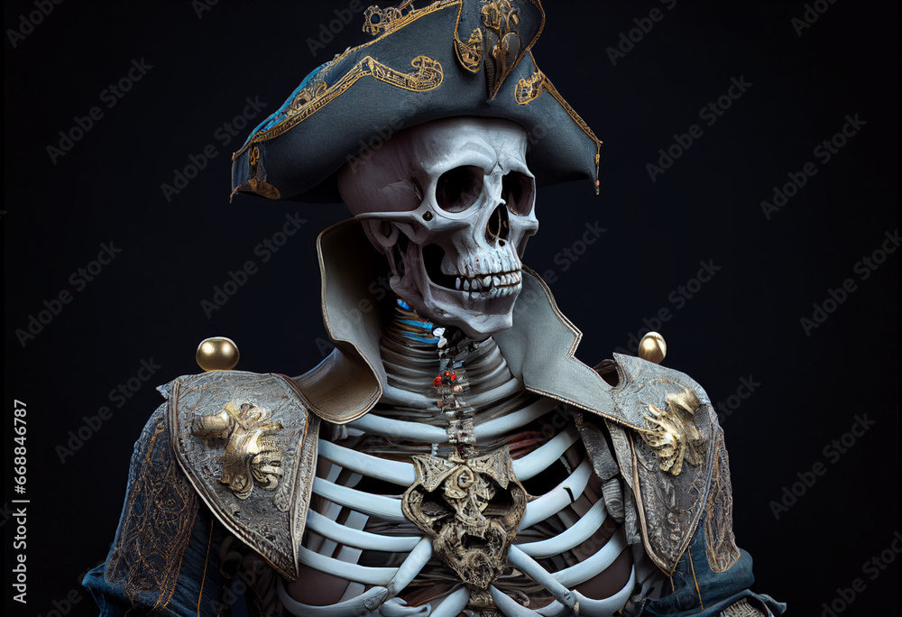 Fototapeta premium A skeleton in pirate garb. AI Generated