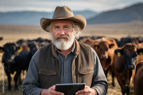 Mature farmer holding tablet looking at angus cows and smiling at farm photo