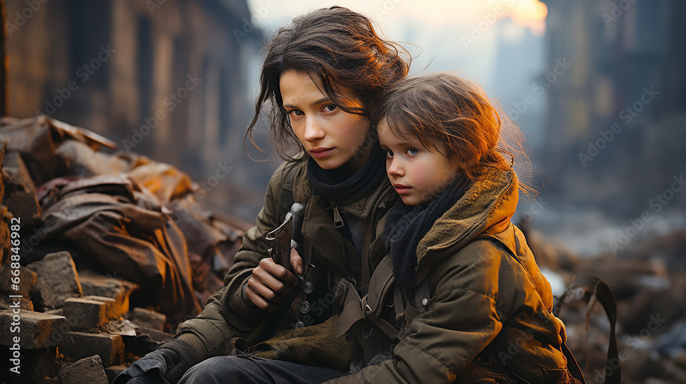 Fototapeta premium Girls, refugees, were left without shelter and livelihood