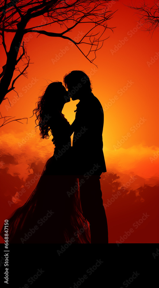 silhouette of romantic couple embracing in sunset, in the style of dark orange and amber
