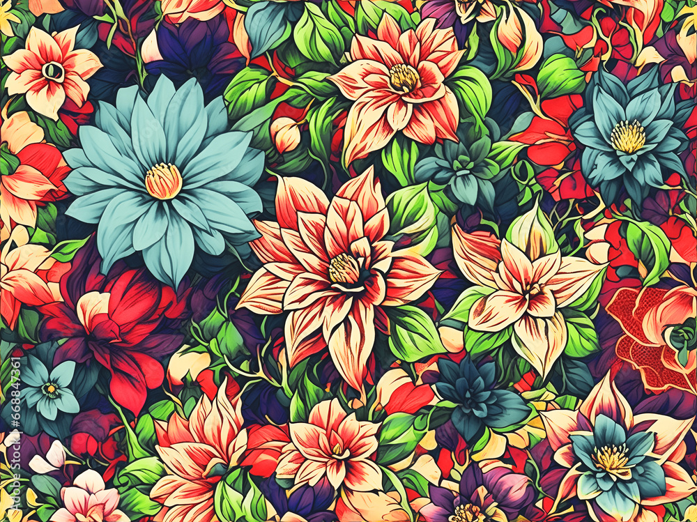 Retro floral background. Colorful illustration with various flowers.