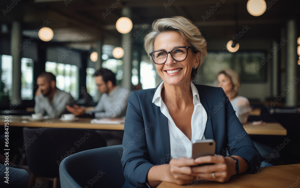 Mature smiling business woman using a mobile phone in an office Mature smiling business woman using a mobile phone in an office