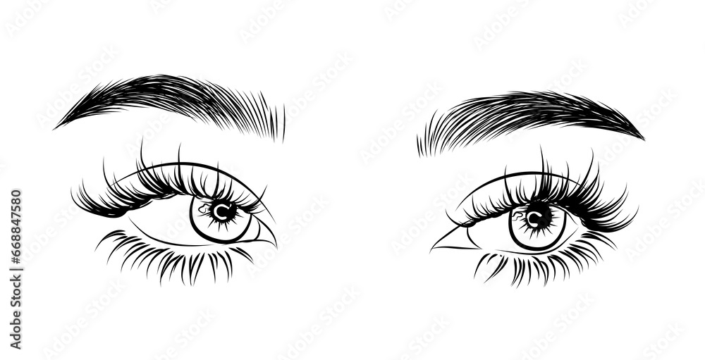 Fototapeta premium Eye logo illustration for beauty cards, salon, social media. Hand drawn beautiful eye look with natural eyelashes and fluffy detailed eyebrows