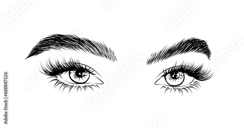 Illustration of Eye Extensions for Salon: Perfect for Social Media, Logo, and Icon. Explore the Latest Trend - the Stunning Wet Look Lashes and Naturally Full Eyebrows.