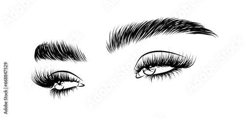 A stylish illustration of an eye featuring long, voluminous lashes. Created as a hand-drawn vector design, it showcases natural eyebrows and contemporary makeup.
