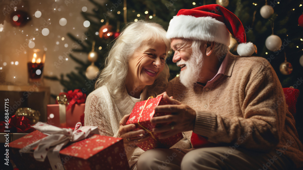 Senior Couple Exchanging Gifts As They Celebrate Christmas At Home With Family - obrazy, fototapety, plakaty 