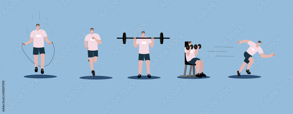 Obraz premium Different physical activities, do sports set. Flat graphic vector illustrations isolated on blue background.