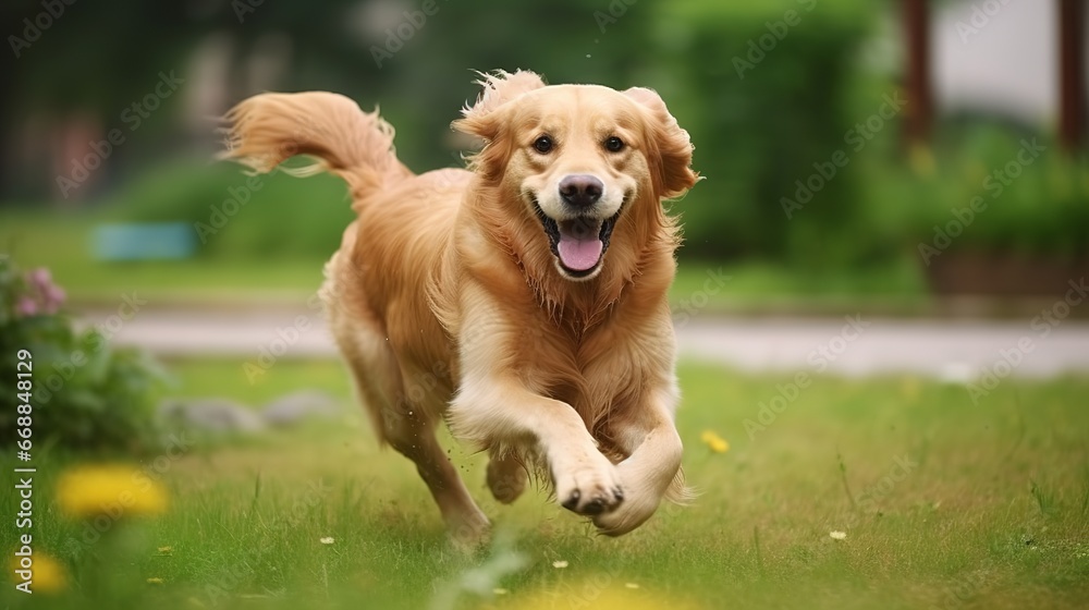 Golden Retriever running in the park on a sunny summer day Golden Retriever running in the park on a sunny summer day