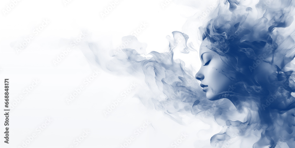 Artistic portrait of a beautiful woman with smoke on a white background with copy space
