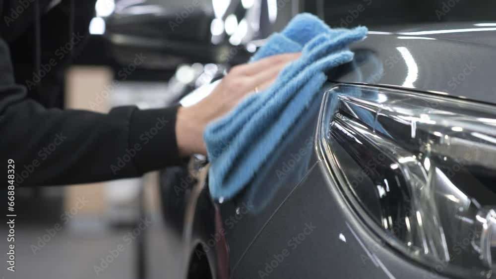 A man wipes the surface of the body of a gray car with a microfiber cloth. 