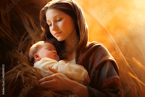 Mary and her newborn in a humble manger, the Nativity of Jesus photo