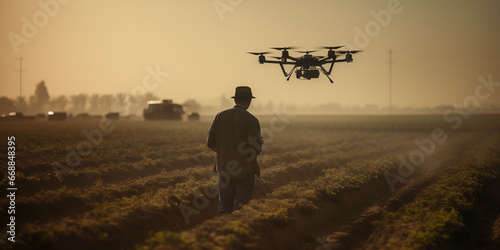 Drone flying over field agriculture