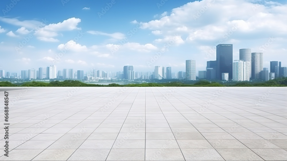 empty marble floor and modern city skyline in hangzhou,china