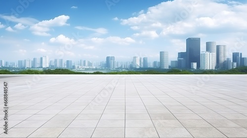 empty marble floor and modern city skyline in hangzhou,china