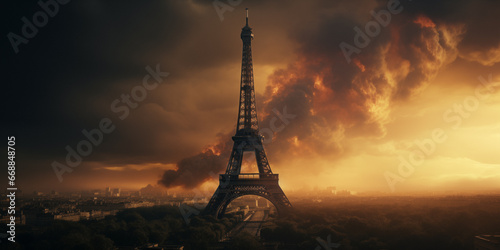 Eifel tower paris burning droneview.