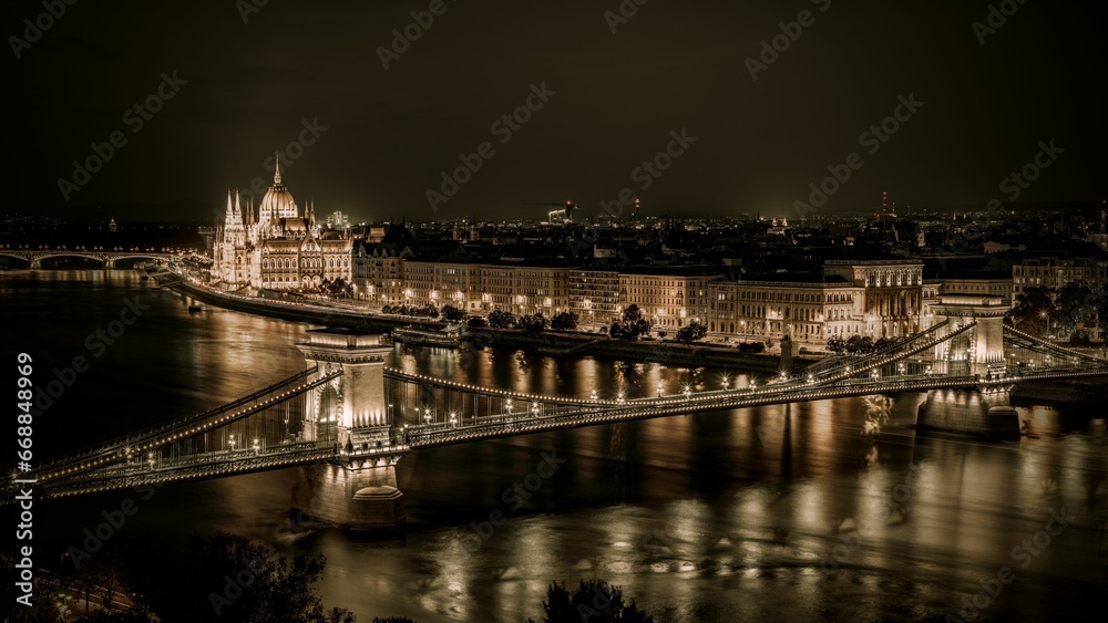 Closeup of Pano of Chain Bridge with Hungarian Parliament Building in background