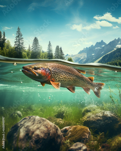 Big trout swimming under water line