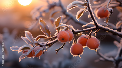 Peach in branches, frost and cold morning, closeup portrait photo