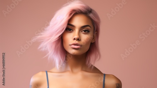 Vibrant Young Latina Woman Portrait with Pastel Pink Hair: Perfect Smooth Skin on Matching Pastel Pink Background - Contemporary Beauty in Focus