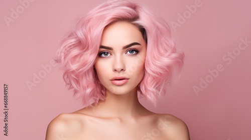 Vibrant Young Latina Woman Portrait with Pastel Pink Hair: Perfect Smooth Skin on Matching Pastel Pink Background - Contemporary Beauty in Focus