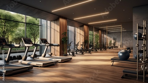 A state-of-the-art gym replete with diverse workout equipment, an imposing mirror wall, and space for yoga or meditation. photo