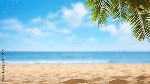 Tropical beach with palm tree and sand. Summer vacation background © Sariyono