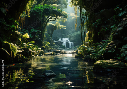 A Waterfall in Tropical Jungle Poster, Capturing the Lush Serenity and Flowing Elixir of Nature's Secluded Retreat, Crafted by Generative AI