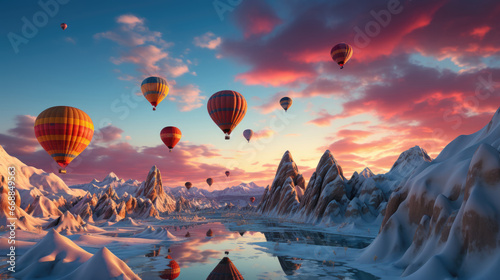 Hot air balloons flying over snowy mountains at sunset.