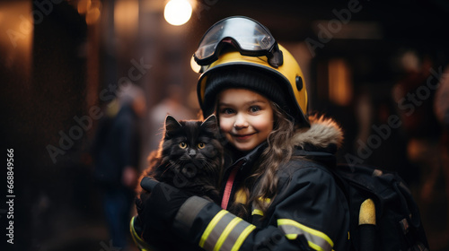 Cute little girl in firefighter uniform and helmet with black cat.