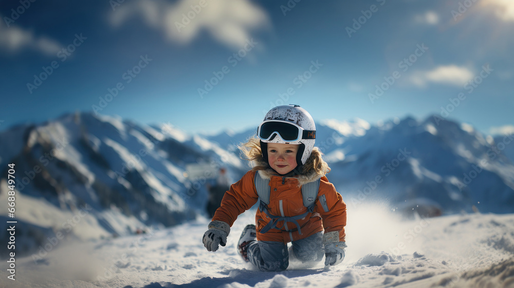 Little girl having fun on snow in mountains. Winter vacation concept.